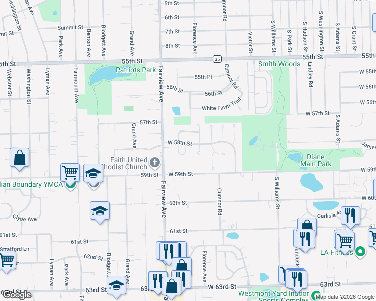 map of restaurants, bars, coffee shops, grocery stores, and more near 700 West 58th Street in Westmont