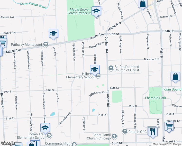 map of restaurants, bars, coffee shops, grocery stores, and more near 5730 Hillcrest Road in Downers Grove