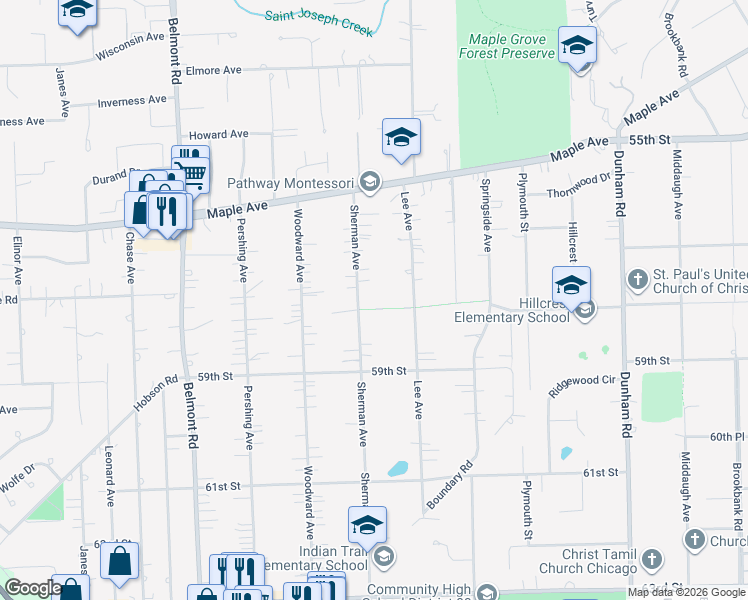 map of restaurants, bars, coffee shops, grocery stores, and more near 5725 Sherman Avenue in Downers Grove