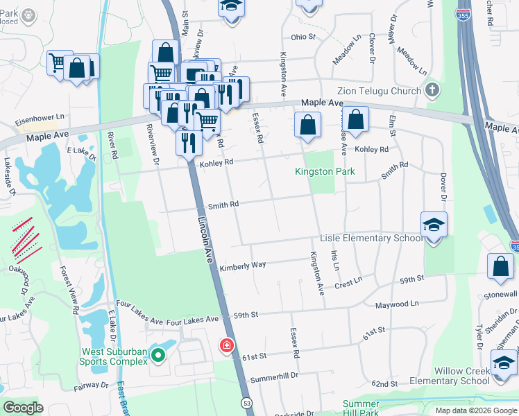 map of restaurants, bars, coffee shops, grocery stores, and more near 993 Smith Road in Lisle