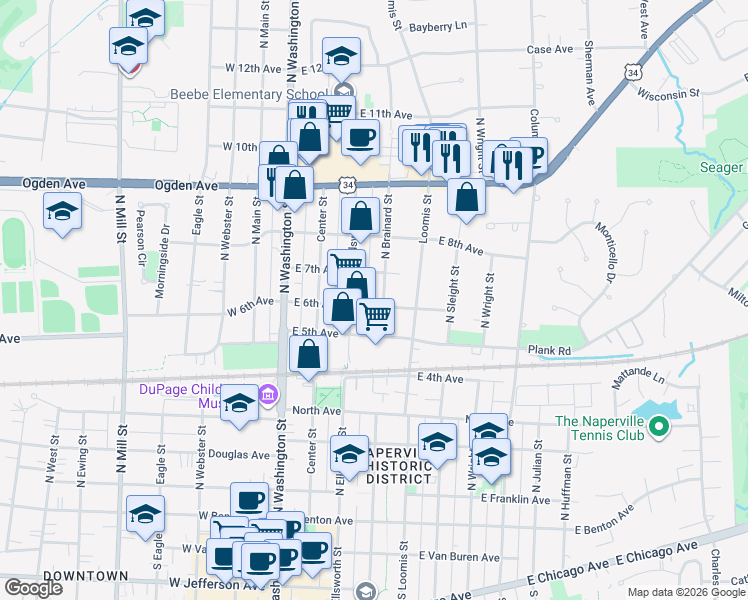 map of restaurants, bars, coffee shops, grocery stores, and more near 624 North Brainard Street in Naperville