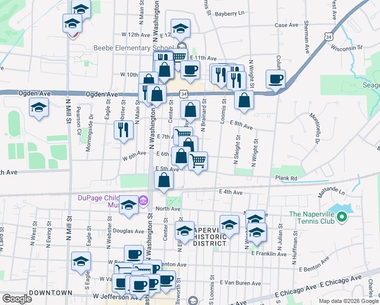 map of restaurants, bars, coffee shops, grocery stores, and more near 624 North Ellsworth Street in Naperville