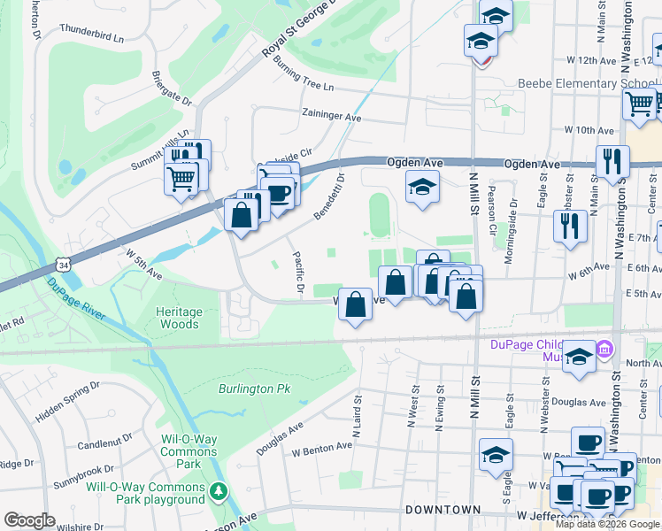 map of restaurants, bars, coffee shops, grocery stores, and more near 872 Windscape Circle North in Naperville