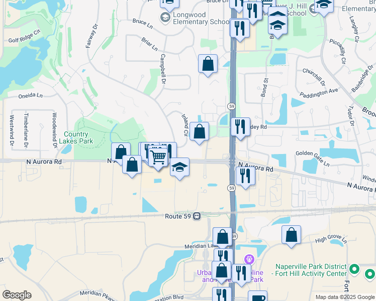 map of restaurants, bars, coffee shops, grocery stores, and more near 740 Inland Circle in Naperville