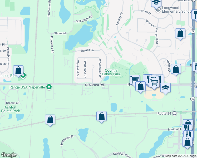 map of restaurants, bars, coffee shops, grocery stores, and more near 707 Woodewind Drive in Naperville