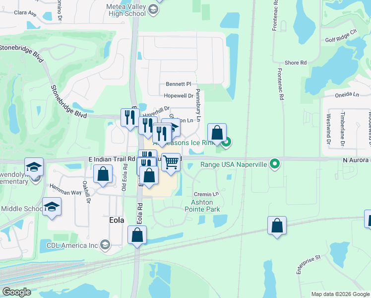 map of restaurants, bars, coffee shops, grocery stores, and more near 1225 Pennsbury Lane in Aurora
