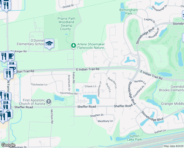 map of restaurants, bars, coffee shops, grocery stores, and more near 1249 Barkston Lane in Aurora
