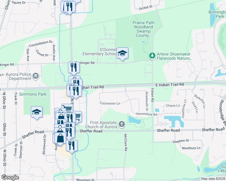 map of restaurants, bars, coffee shops, grocery stores, and more near 1608 Colchester Lane in Aurora