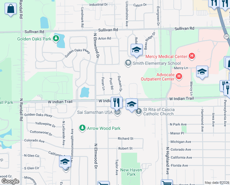 map of restaurants, bars, coffee shops, grocery stores, and more near 1257 Post Road in Aurora