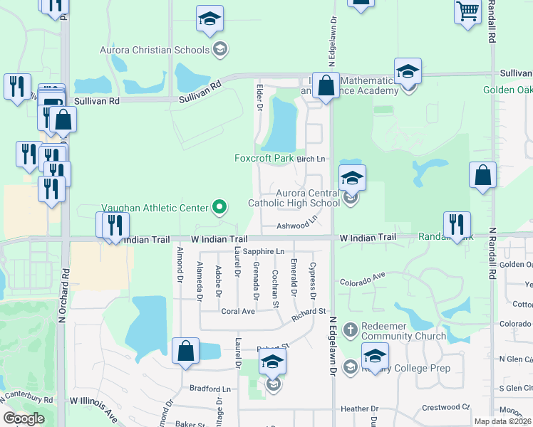 map of restaurants, bars, coffee shops, grocery stores, and more near 1205 Foxcroft Drive in Aurora