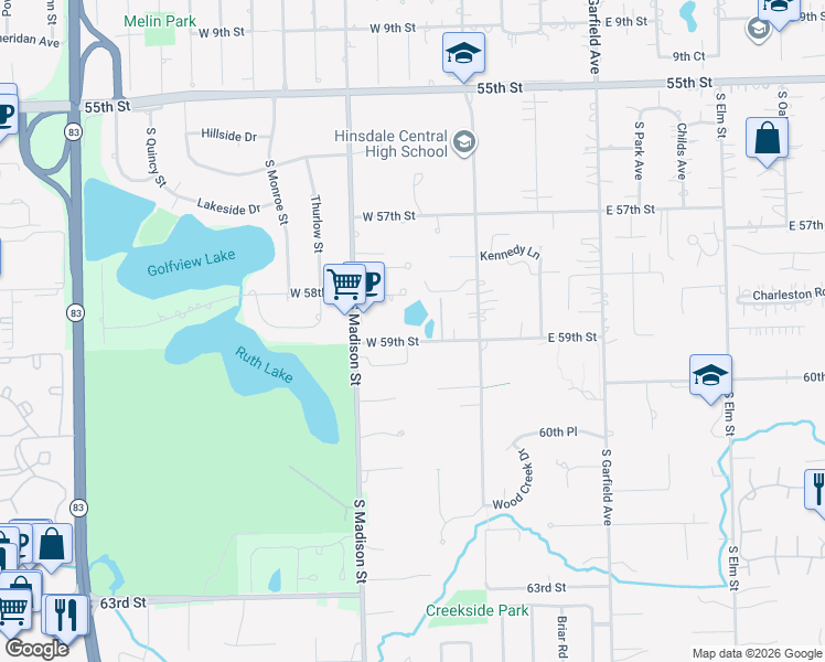 map of restaurants, bars, coffee shops, grocery stores, and more near 315 West 59th Street in Hinsdale