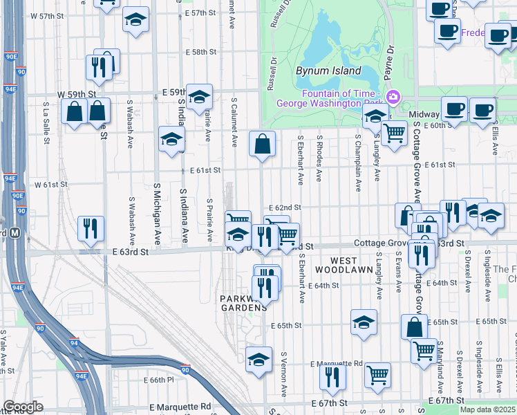 map of restaurants, bars, coffee shops, grocery stores, and more near 6160 South Doctor Martin Luther King Junior Drive in Chicago