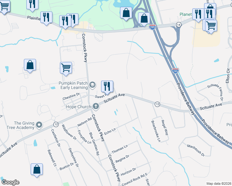 map of restaurants, bars, coffee shops, grocery stores, and more near 1039 Scituate Avenue in Cranston