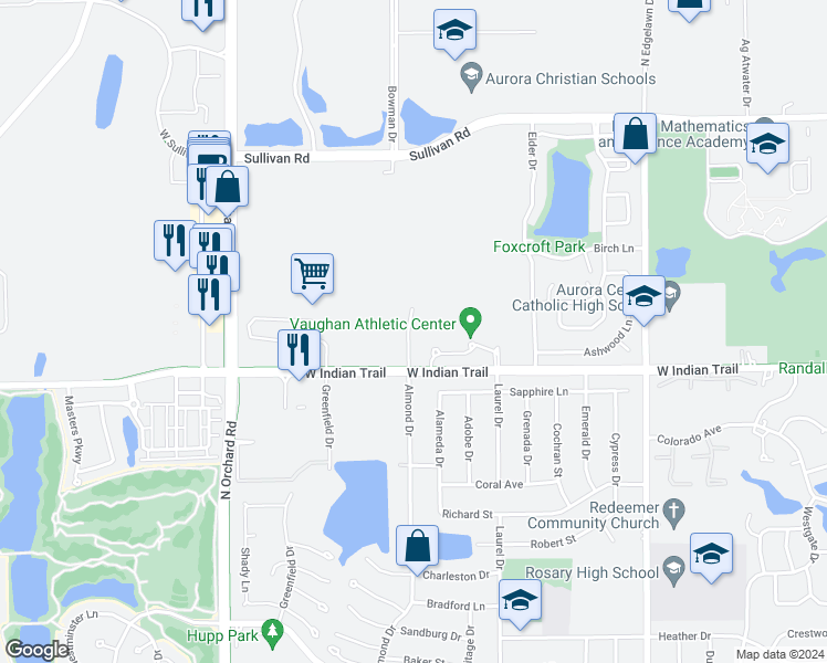 map of restaurants, bars, coffee shops, grocery stores, and more near 1233 Oakleaf Court in Aurora