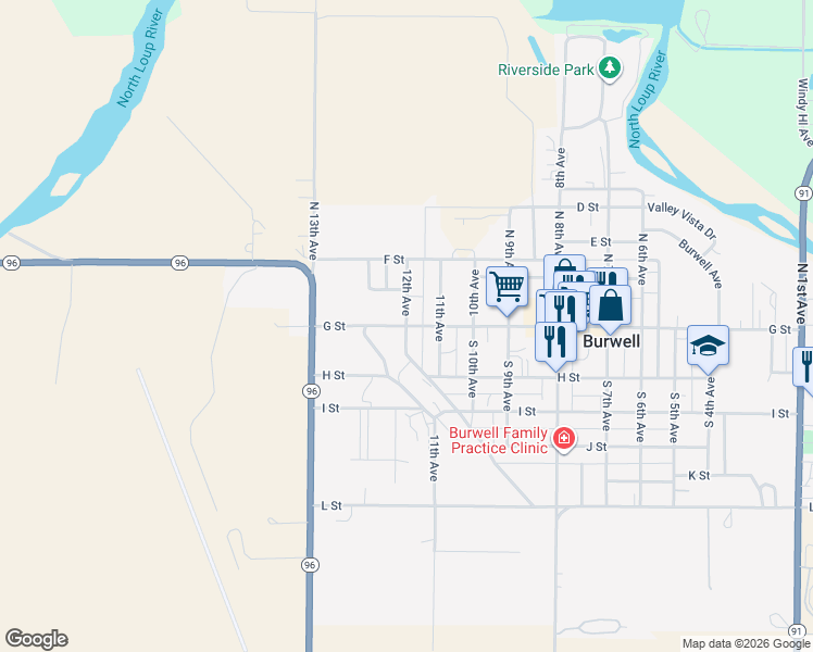 map of restaurants, bars, coffee shops, grocery stores, and more near 1201 G Street in Burwell