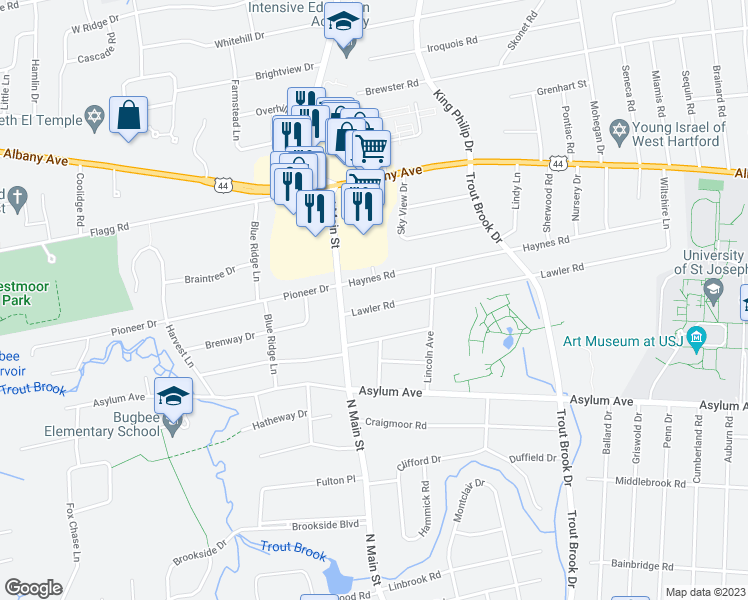 map of restaurants, bars, coffee shops, grocery stores, and more near 143 Haynes Road in West Hartford