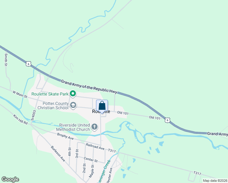 map of restaurants, bars, coffee shops, grocery stores, and more near US Highway 6 in Roulette