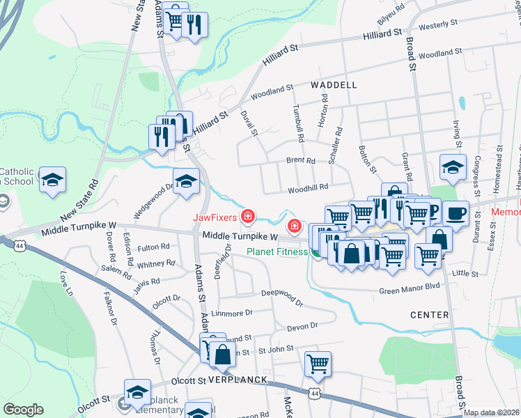 map of restaurants, bars, coffee shops, grocery stores, and more near 381 Adams Street in Manchester