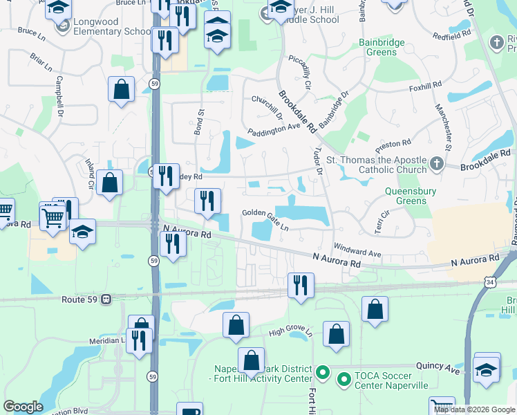 map of restaurants, bars, coffee shops, grocery stores, and more near 1836 Michigan Avenue in Naperville