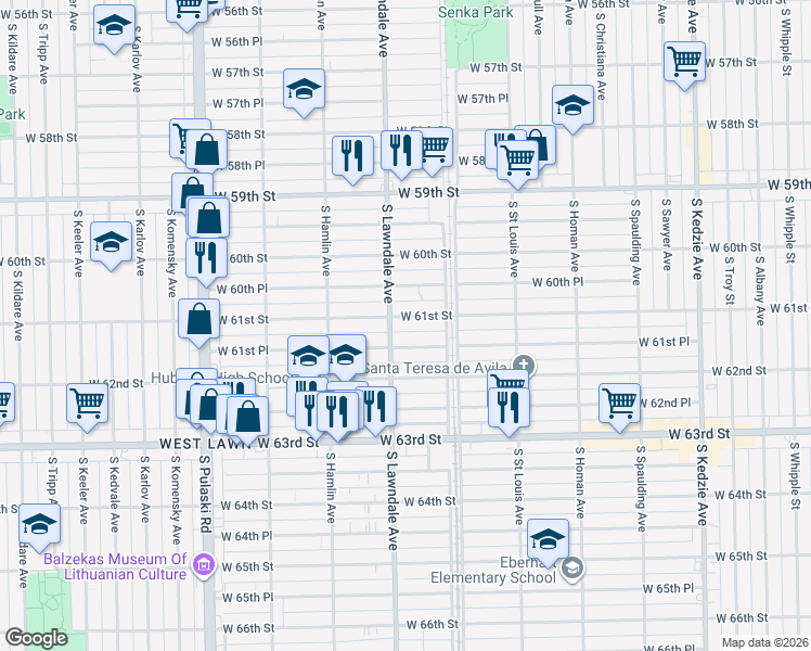 map of restaurants, bars, coffee shops, grocery stores, and more near 3656 West 61st Street in Chicago