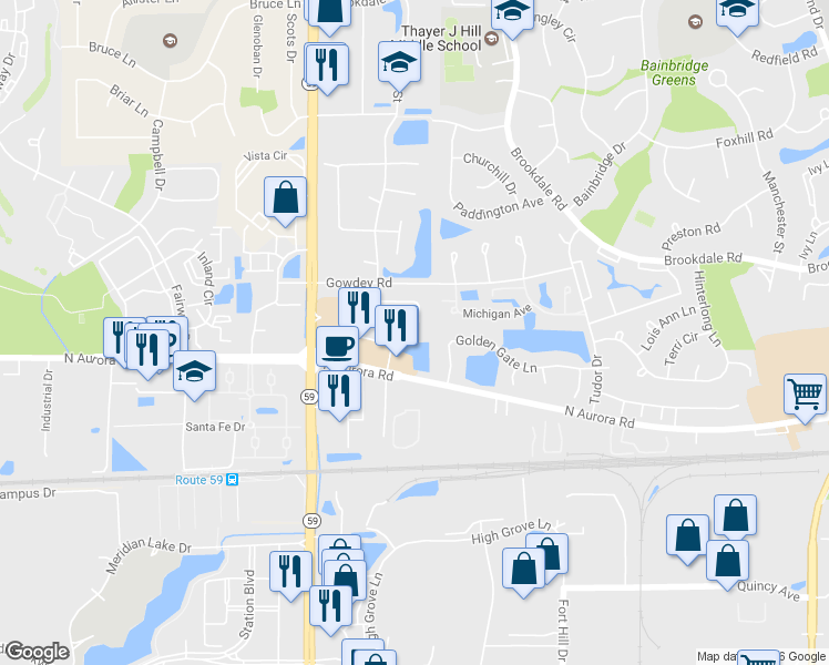 map of restaurants, bars, coffee shops, grocery stores, and more near 2853 Bond Circle in Naperville