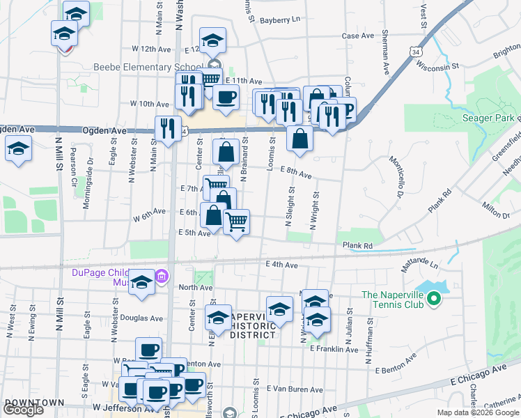 map of restaurants, bars, coffee shops, grocery stores, and more near 620 North Loomis Street in Naperville