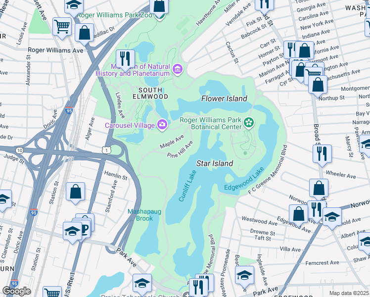 map of restaurants, bars, coffee shops, grocery stores, and more near Pine Hill Avenue in Providence