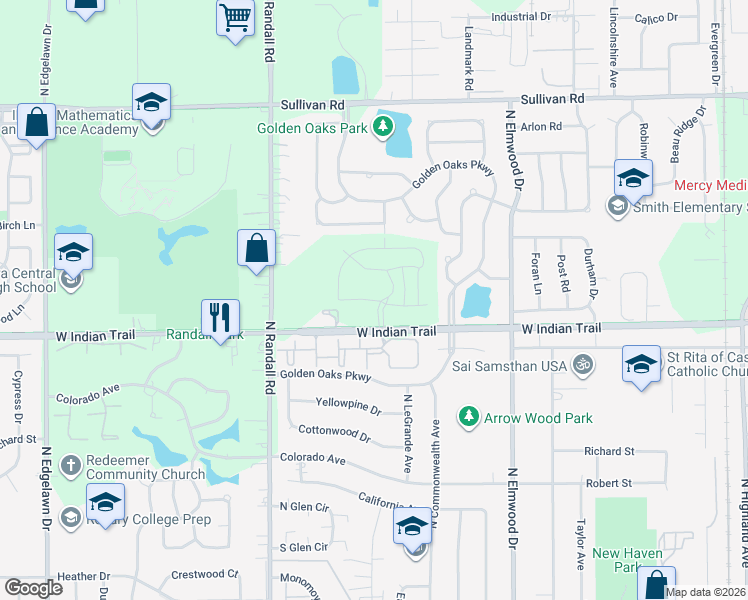 map of restaurants, bars, coffee shops, grocery stores, and more near 1325 West Indian Trail in Aurora