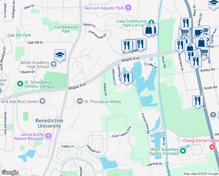 map of restaurants, bars, coffee shops, grocery stores, and more near 5650 Abbey Drive in Lisle