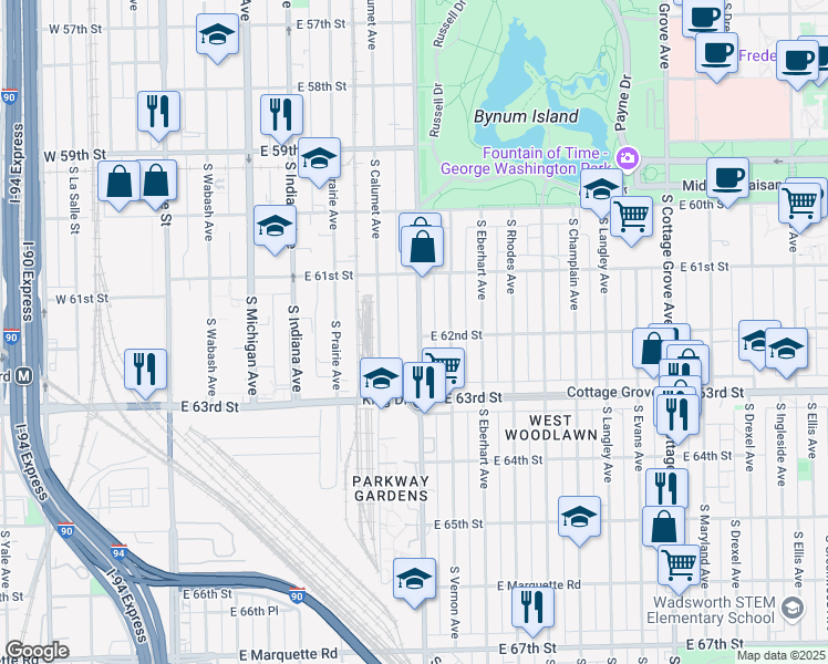 map of restaurants, bars, coffee shops, grocery stores, and more near 6160 South Doctor Martin Luther King Junior Drive in Chicago