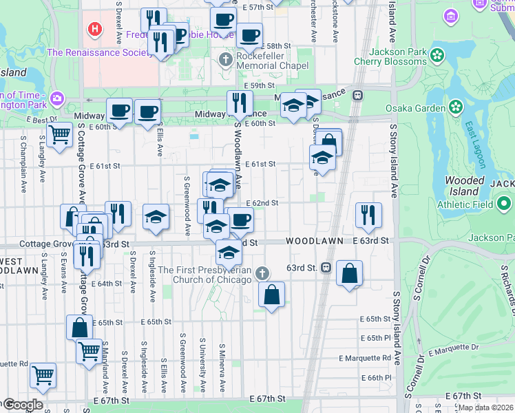 map of restaurants, bars, coffee shops, grocery stores, and more near 1210 East 62nd Street in Chicago