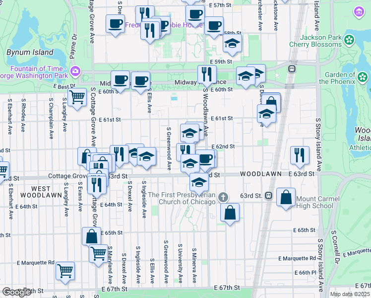 map of restaurants, bars, coffee shops, grocery stores, and more near 6200 South University Avenue in Chicago