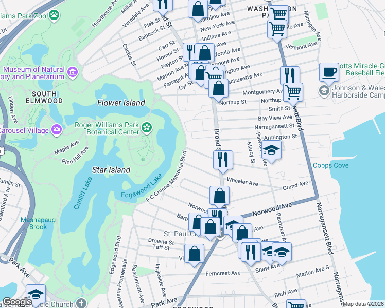 map of restaurants, bars, coffee shops, grocery stores, and more near 205 Wentworth Avenue in Cranston