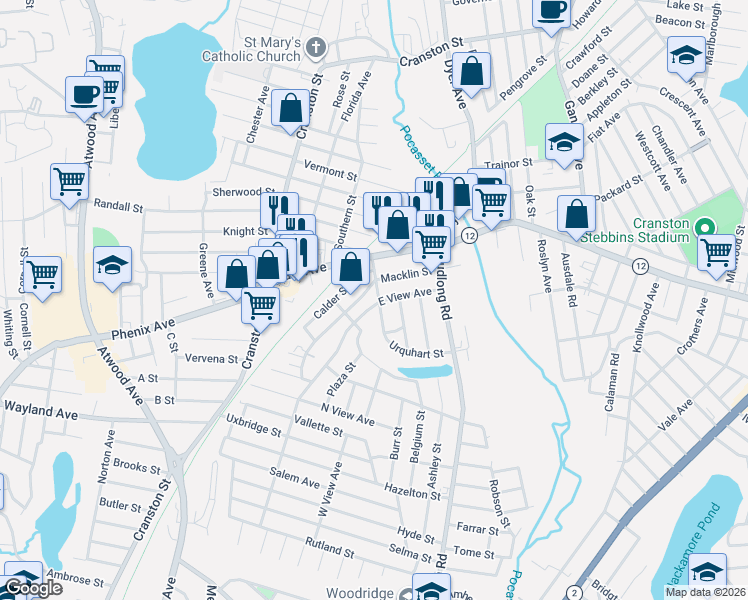 map of restaurants, bars, coffee shops, grocery stores, and more near 32 Palmer Avenue in Cranston