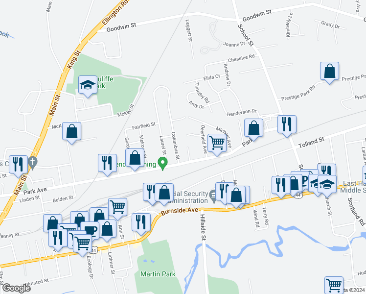 map of restaurants, bars, coffee shops, grocery stores, and more near 38A Columbus Street in East Hartford