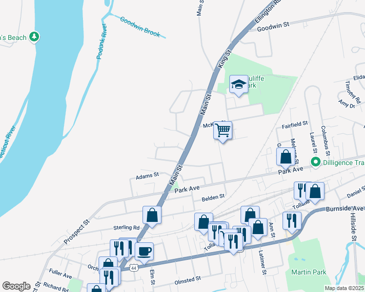map of restaurants, bars, coffee shops, grocery stores, and more near 1639 Main Street in East Hartford