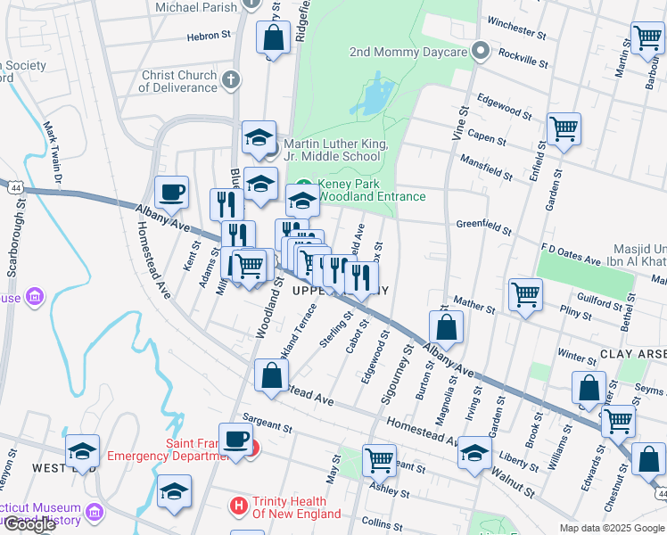map of restaurants, bars, coffee shops, grocery stores, and more near 121 Oakland Terrace in Hartford