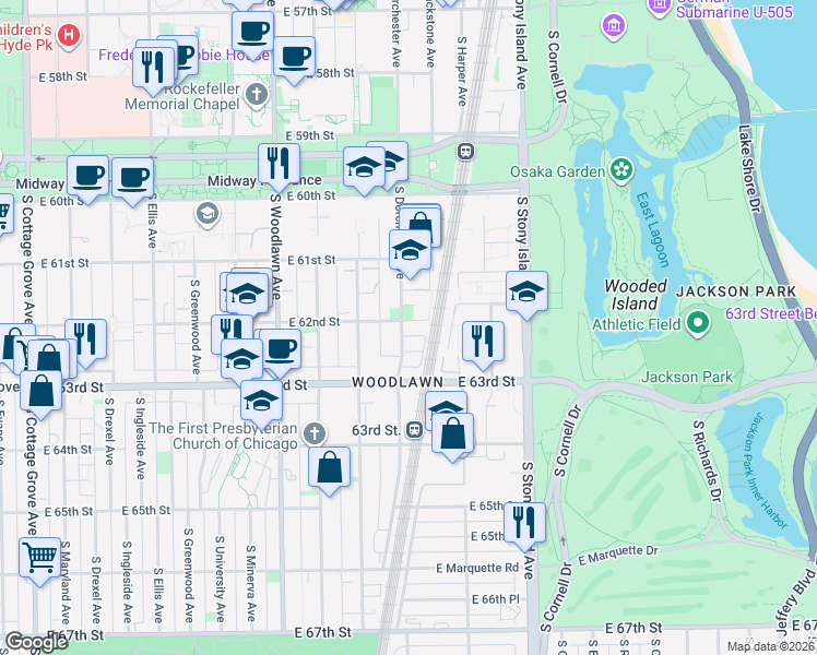 map of restaurants, bars, coffee shops, grocery stores, and more near 6143 South Dorchester Avenue in Chicago