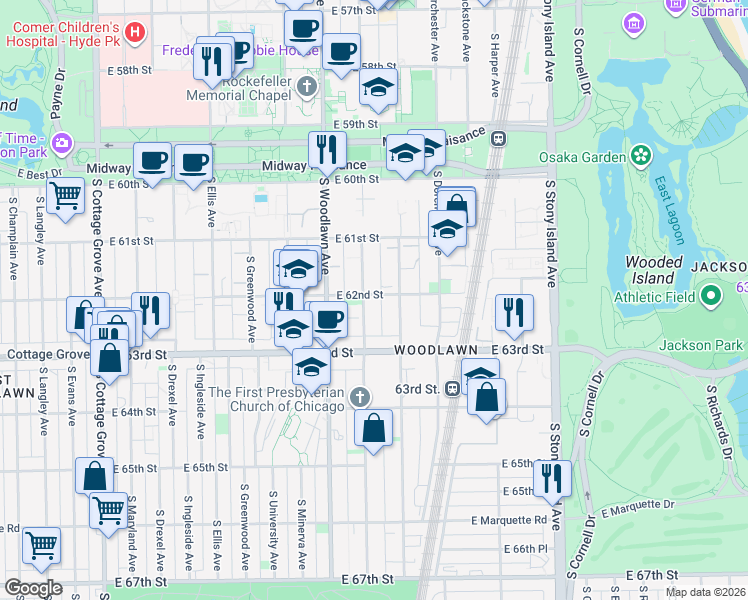 map of restaurants, bars, coffee shops, grocery stores, and more near 1314 East 62nd Street in Chicago