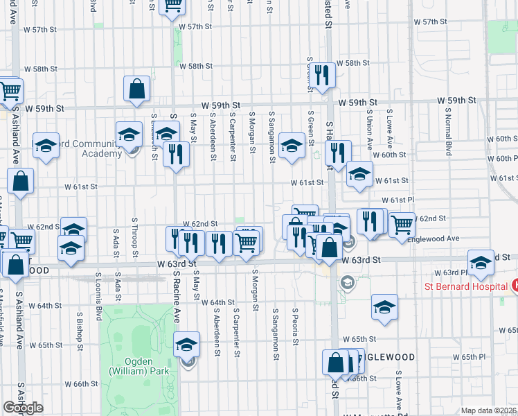 map of restaurants, bars, coffee shops, grocery stores, and more near 6125 South Morgan Street in Chicago