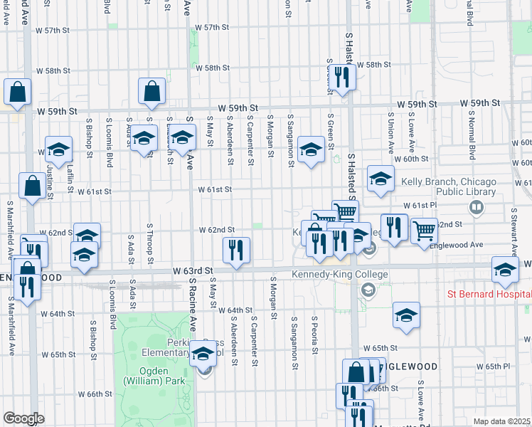 map of restaurants, bars, coffee shops, grocery stores, and more near 6125 South Morgan Street in Chicago