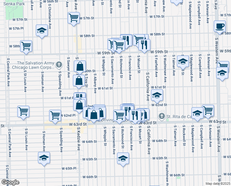 map of restaurants, bars, coffee shops, grocery stores, and more near 6104 South Richmond Street in Chicago