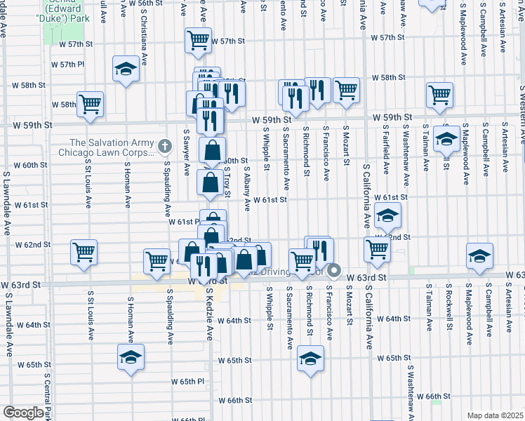 map of restaurants, bars, coffee shops, grocery stores, and more near 6105 South Albany Avenue in Chicago