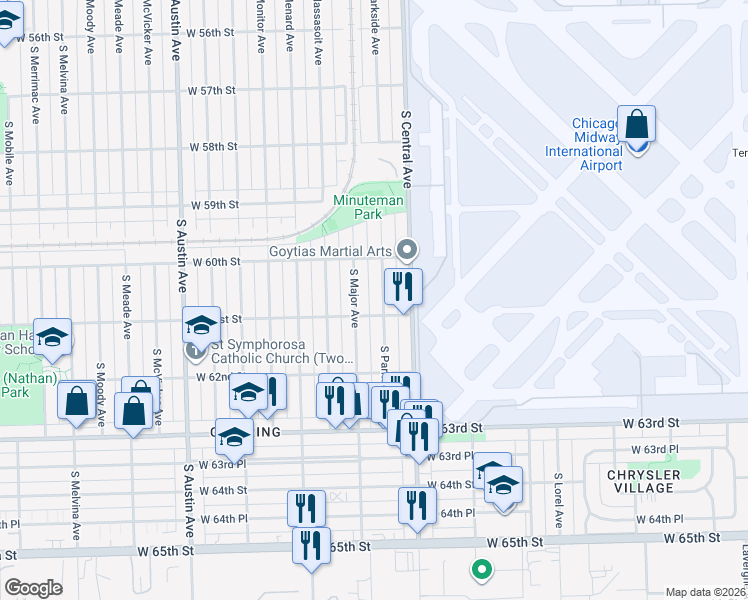 map of restaurants, bars, coffee shops, grocery stores, and more near 6034 South Parkside Avenue in Chicago