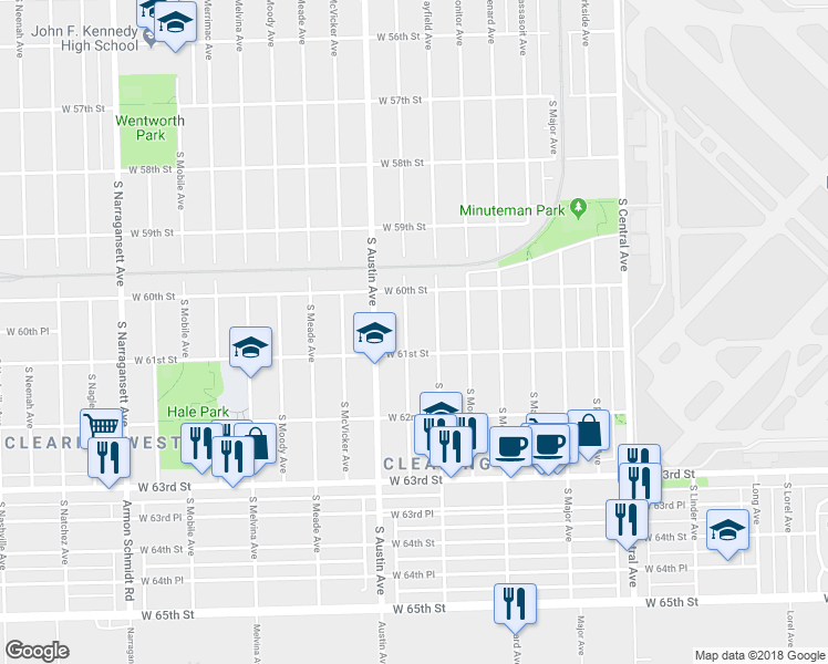 map of restaurants, bars, coffee shops, grocery stores, and more near 6026 South Mayfield Avenue in Chicago