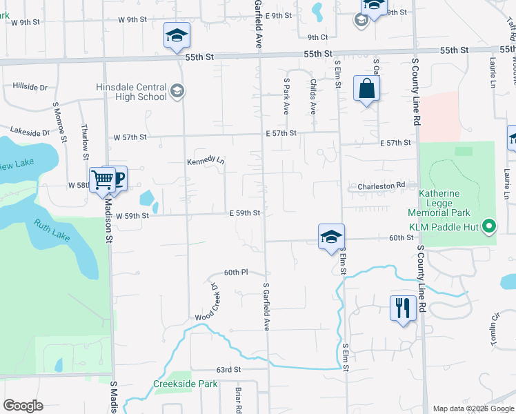 map of restaurants, bars, coffee shops, grocery stores, and more near 5846 South Garfield Street in Hinsdale