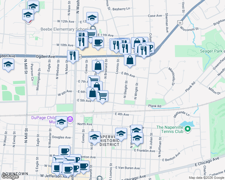 map of restaurants, bars, coffee shops, grocery stores, and more near 620 North Loomis Street in Naperville