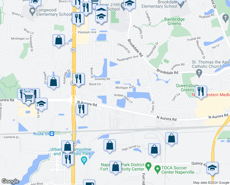 map of restaurants, bars, coffee shops, grocery stores, and more near 1836 Michigan Avenue in Naperville
