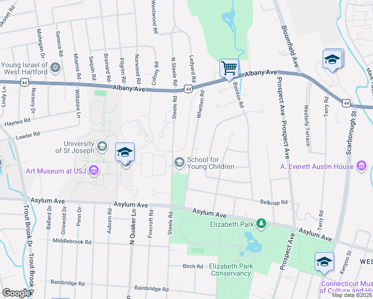 map of restaurants, bars, coffee shops, grocery stores, and more near 6 Stratford Road in West Hartford