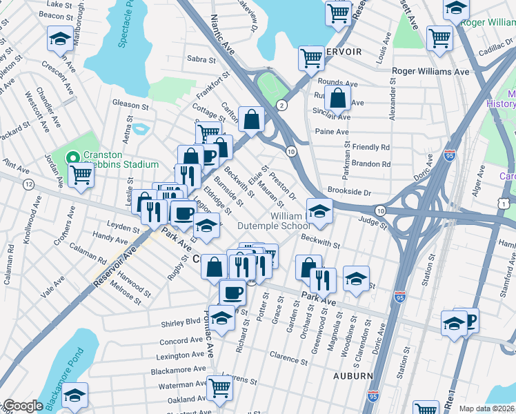 map of restaurants, bars, coffee shops, grocery stores, and more near 275 Beckwith Street in Cranston